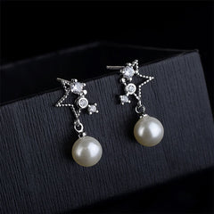 Cubic Zirconia & Pearl Silver-Plated Star Drop Earrings