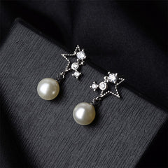 Cubic Zirconia & Pearl Silver-Plated Star Drop Earrings