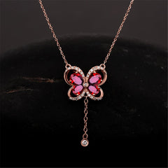 Red Crystal & Cubic Zirconia Butterfly Pendant Necklace