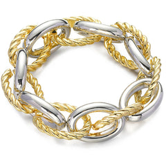 Elegant gold and silver bracelet with a twisted chain, showcasing an interlocked twine oval chain design.