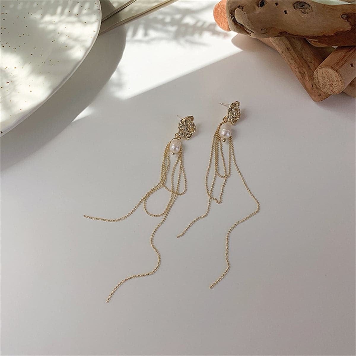 Pearl and 18K Gold-Plated Flower Tassel Drop Earrings, gold drop earrings for women, dainty minimalist design, lifestyle look