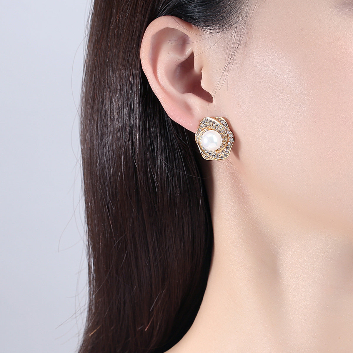 Pearl and Cubic Zirconia 18K Gold-Plated Blossom Stud Earrings, gold stud earrings for women, detail close-up