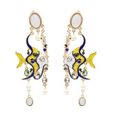 Yellow & Blue Enamel 18K Gold-Plated Fish Drop Earrings
