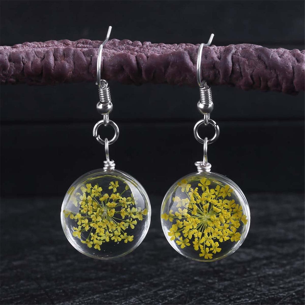 Yellow Gypsophila and Silver Plated Drop Earrings, silver drop earrings for women, elegant gift for her, front view
