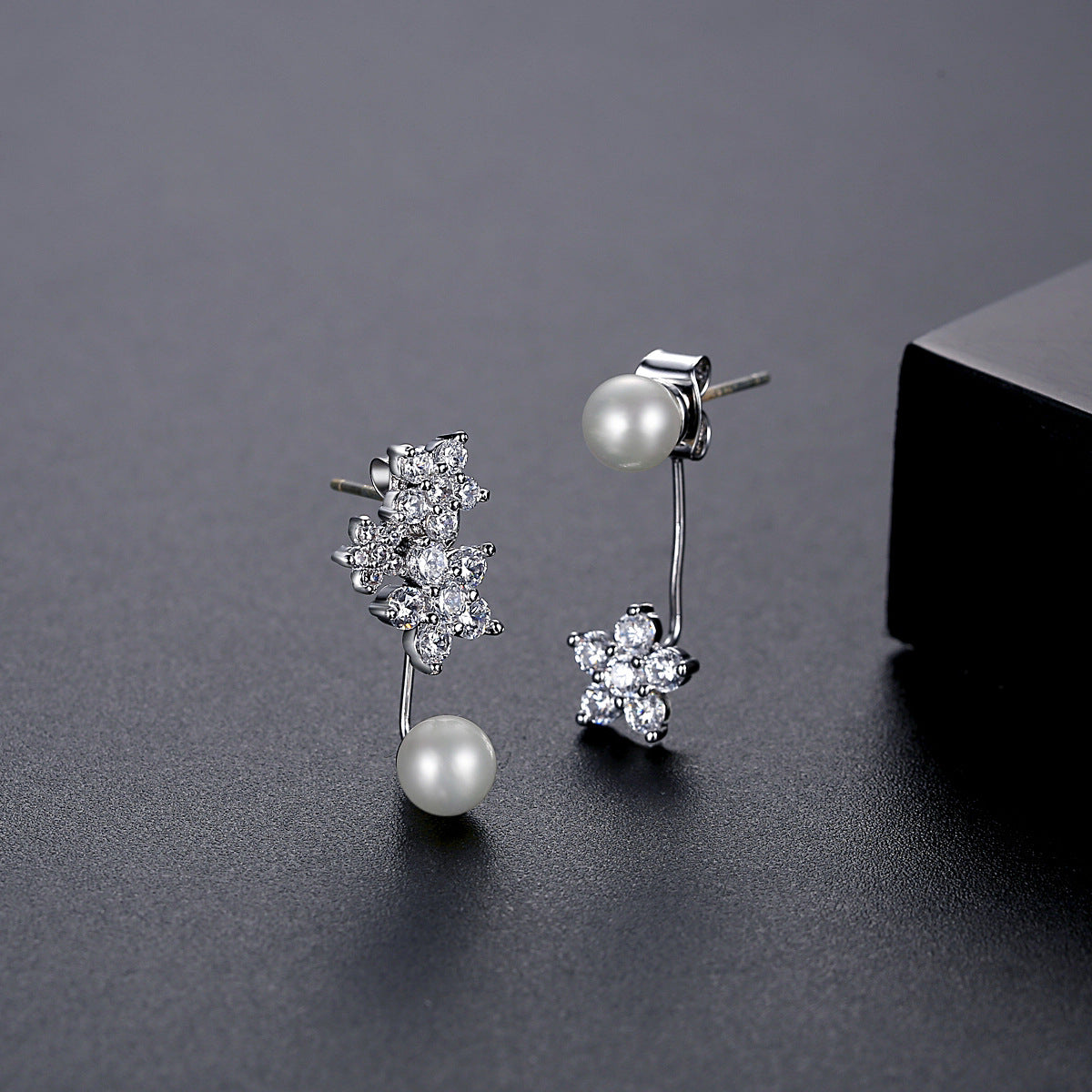 Cubic Zirconia and Pearl Silver-Plated Flower Drop Earrings, silver drop earrings for women, detail close-up