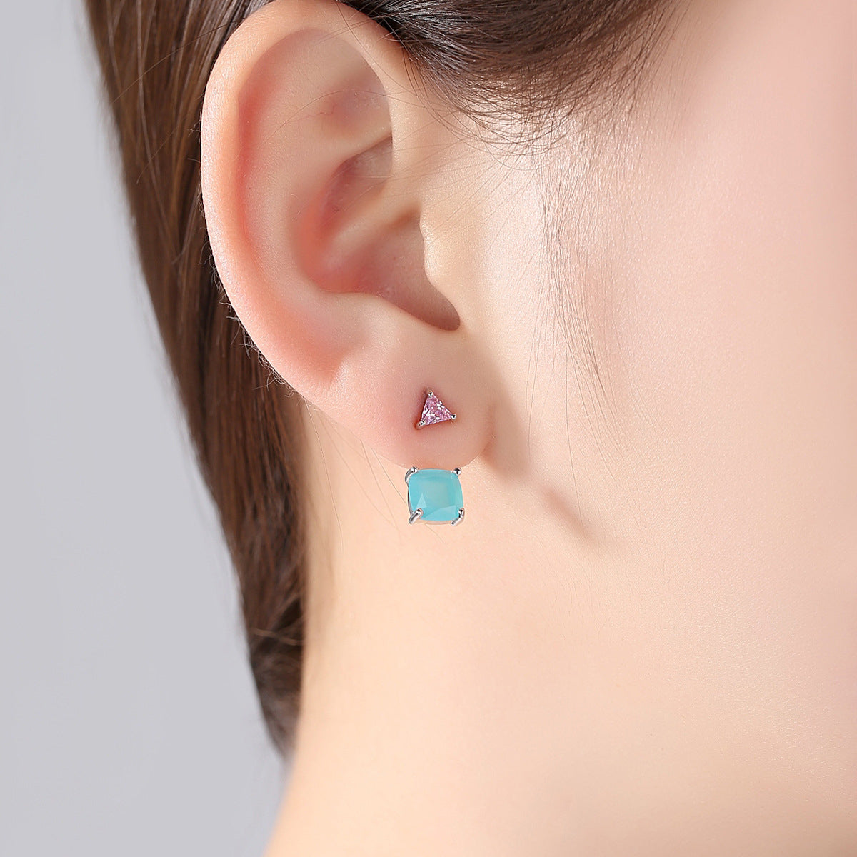 Blue Crystal and Silver-Plated Triangle Ear Jackets, silver drop earrings for women, detail close-up