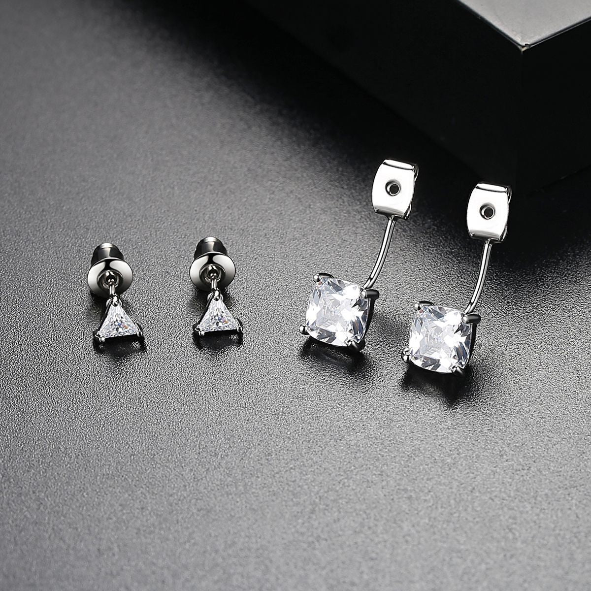 Crystal and Silver-Plated Triangle Ear Jackets, silver drop earrings for women, dainty minimalist design, side view