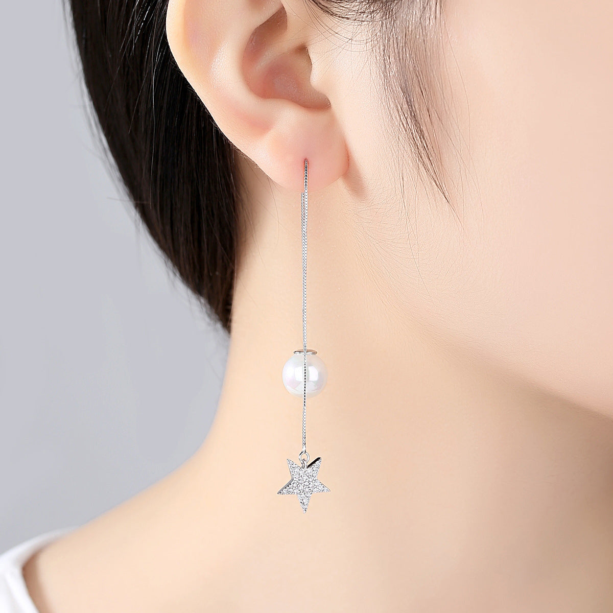 Cubic Zirconia and Pearl Silver-Plated Star Threader Earrings, silver drop earrings for women, everyday style, lifestyle look
