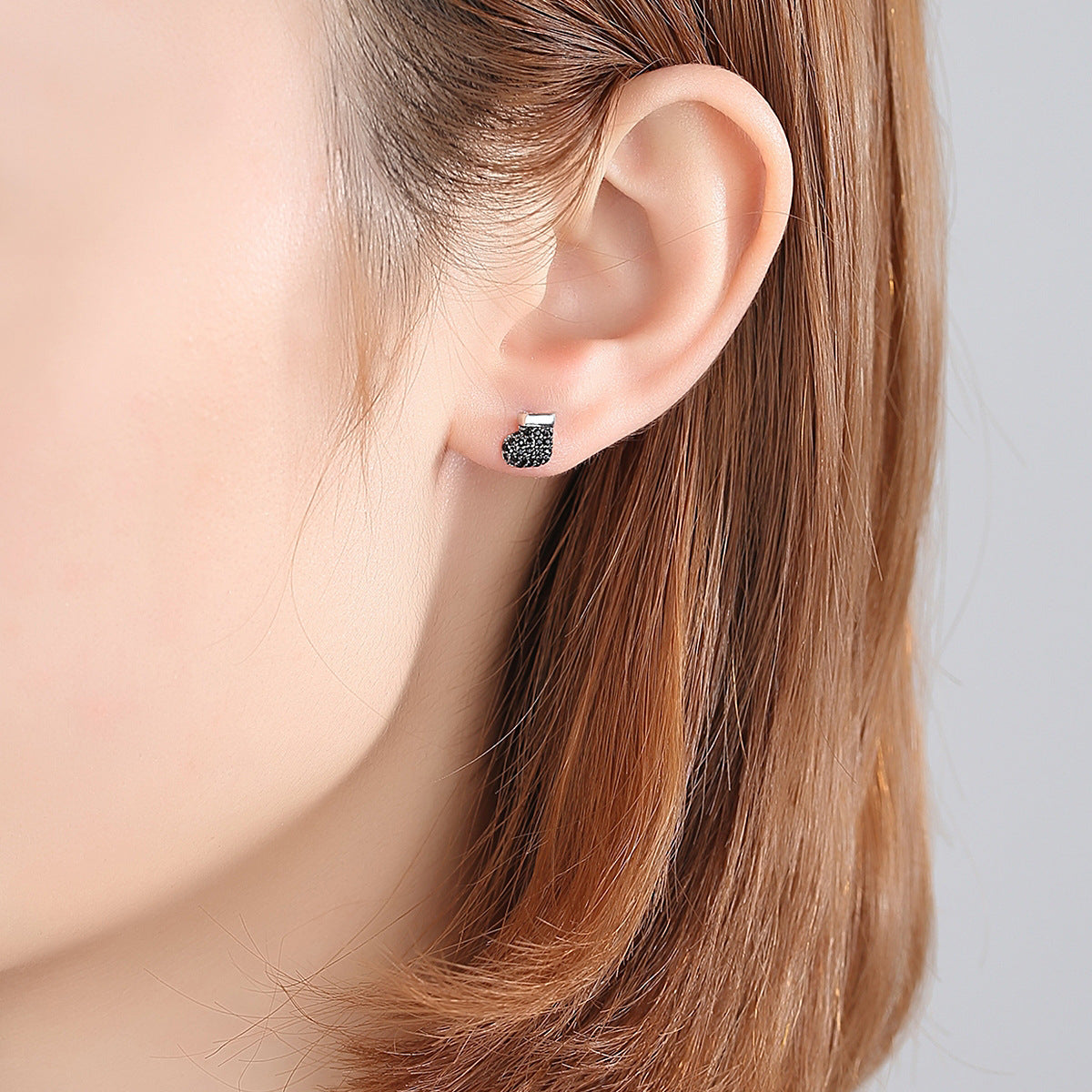 Black Cubic Zirconia and Silver-Plated Mitten and Stocking Stud Earrings, silver stud earrings for women, detail close-up