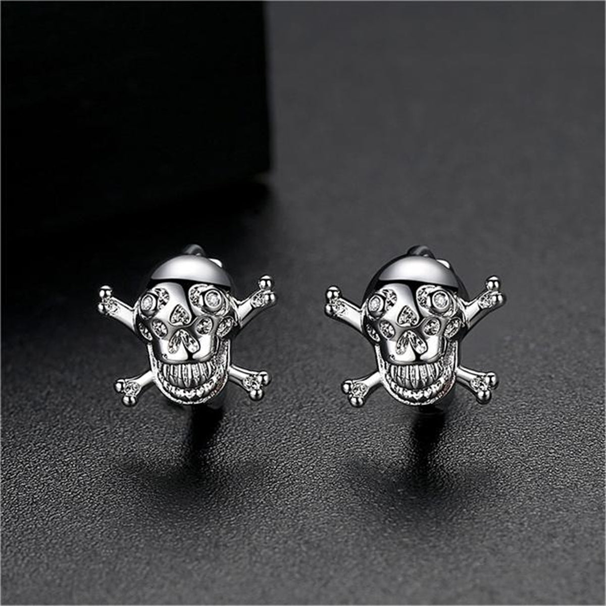 Cubic Zirconia and Silver-Plated Skull Huggie Earrings, silver huggie earrings, everyday style, lifestyle look