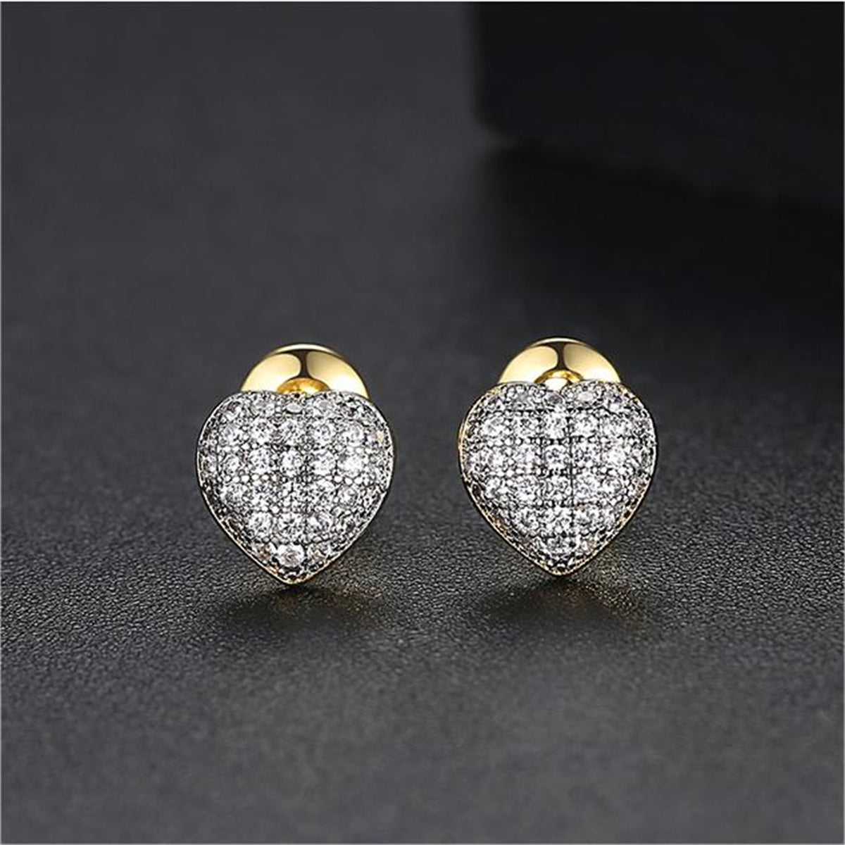 Cubic Zirconia and 18K Gold-Plated Heart Stud Earrings, gold stud earrings for women, vintage-inspired design, front view