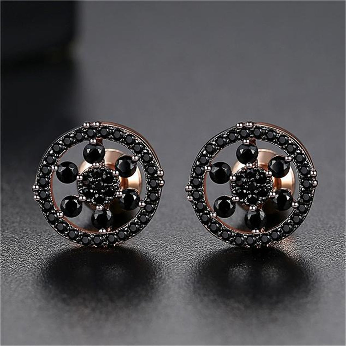 Black Cubic Zirconia and 18K Gold-Plated Snowflake Round Stud Earrings, gold stud earrings for women, side view