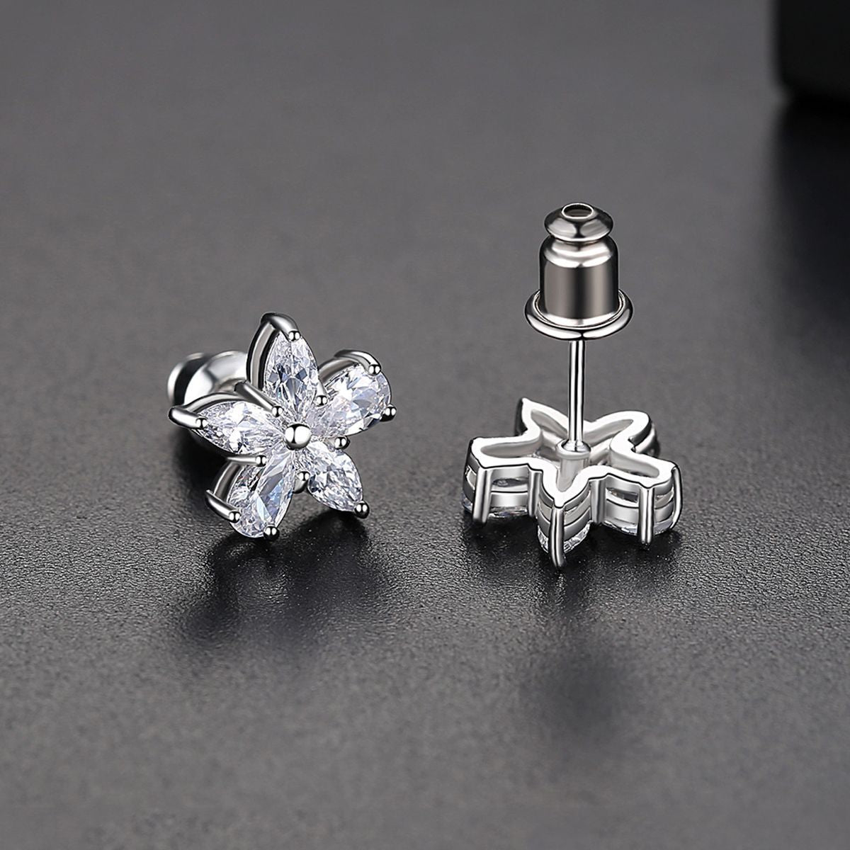Crystal and Silver-Plated Marquise Pear-Cut Flower Stud Earrings, silver stud earrings for women, styled look