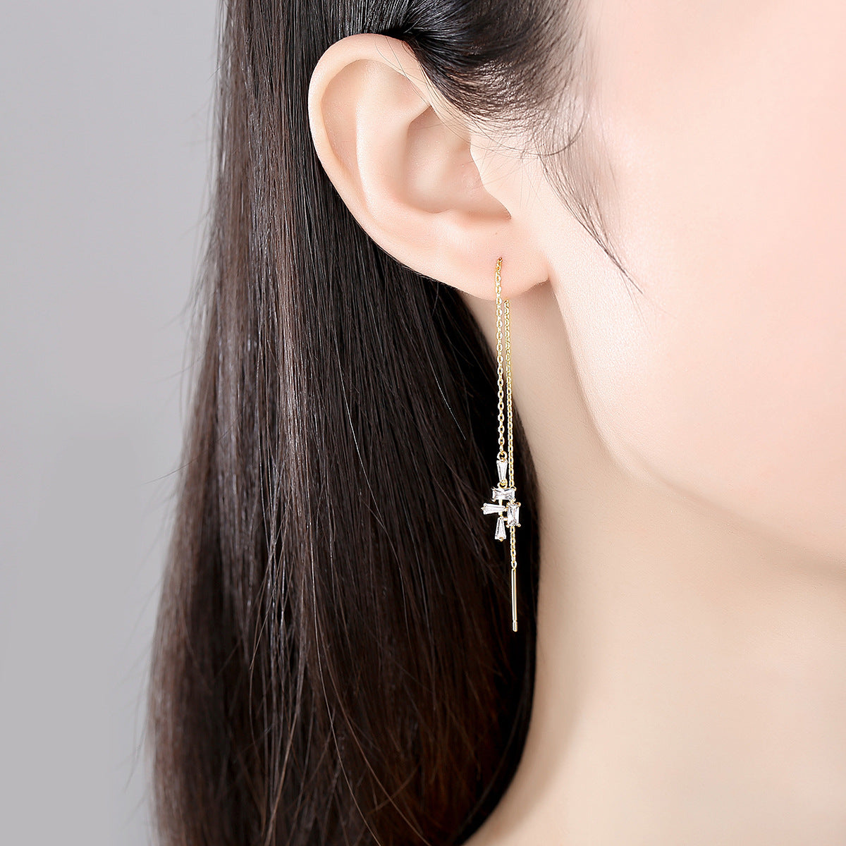 Crystal and 18K Gold-Plated Geometric Threader Earrings, gold drop earrings for women, detail close-up