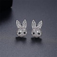Cubic Zirconia & Silver-Plated Rabbit Stud Earrings