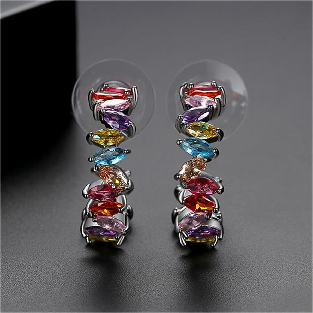 Marquise Crystal and Silver-Plated Multicolor Huggie Earrings, silver huggie earrings, dainty minimalist design, front view