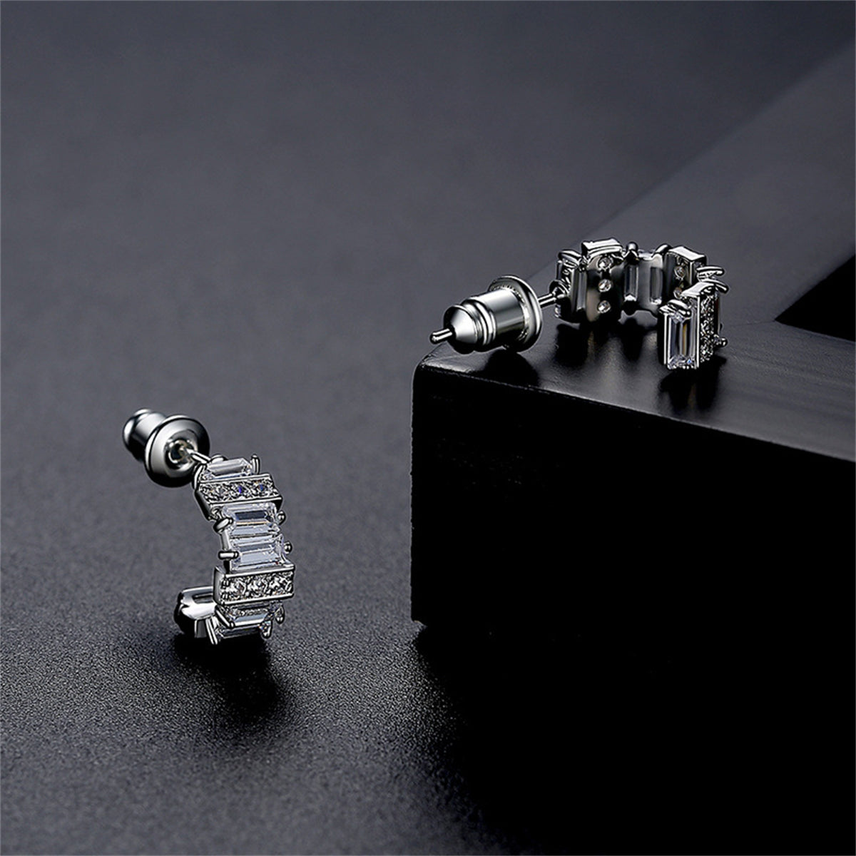 Cubic Zirconia and Crystal Silver-Plated C-Shape Huggie Earrings, silver huggie earrings, vintage-inspired design, front view
