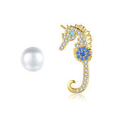 Cubic Zirconia & Pearl 18K Gold-Plated Seahorse Mismatched Stud Earrings