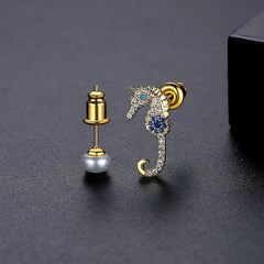 Cubic Zirconia & Pearl 18K Gold-Plated Seahorse Mismatched Stud Earrings
