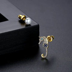 Cubic Zirconia & Pearl 18K Gold-Plated Seahorse Mismatched Stud Earrings