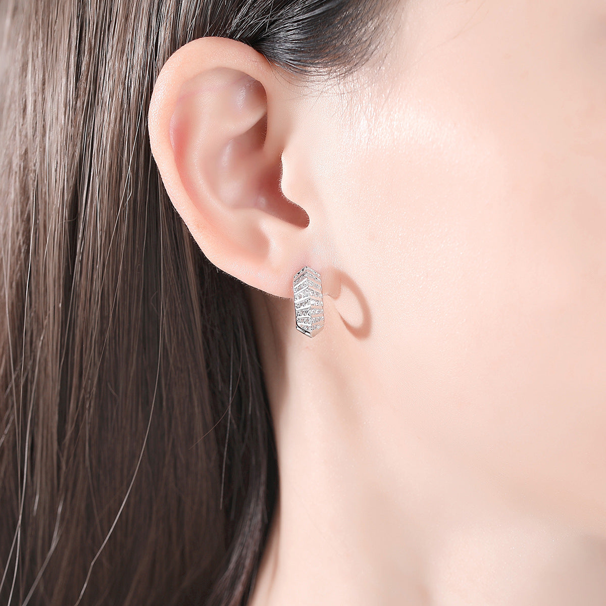 Cubic Zirconia and Silver-Plated Herringbone Huggie Earrings, silver huggie earrings, elegant gift for her, side view