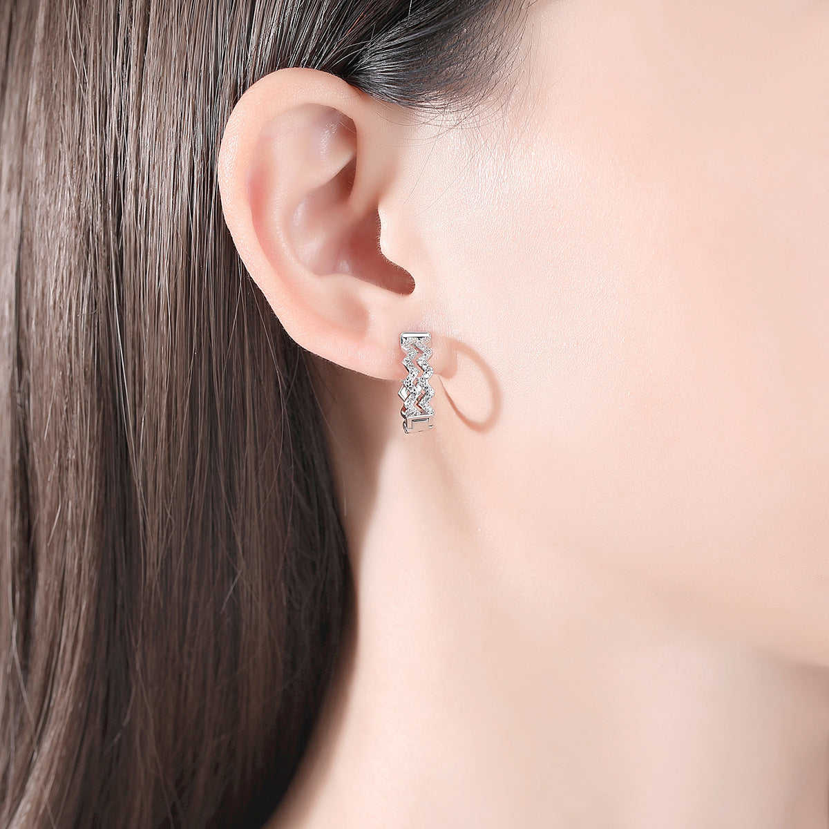 Cubic Zirconia and Silver-Plated Layered Wave Huggie Earrings, silver huggie earrings, elegant gift for her, side view