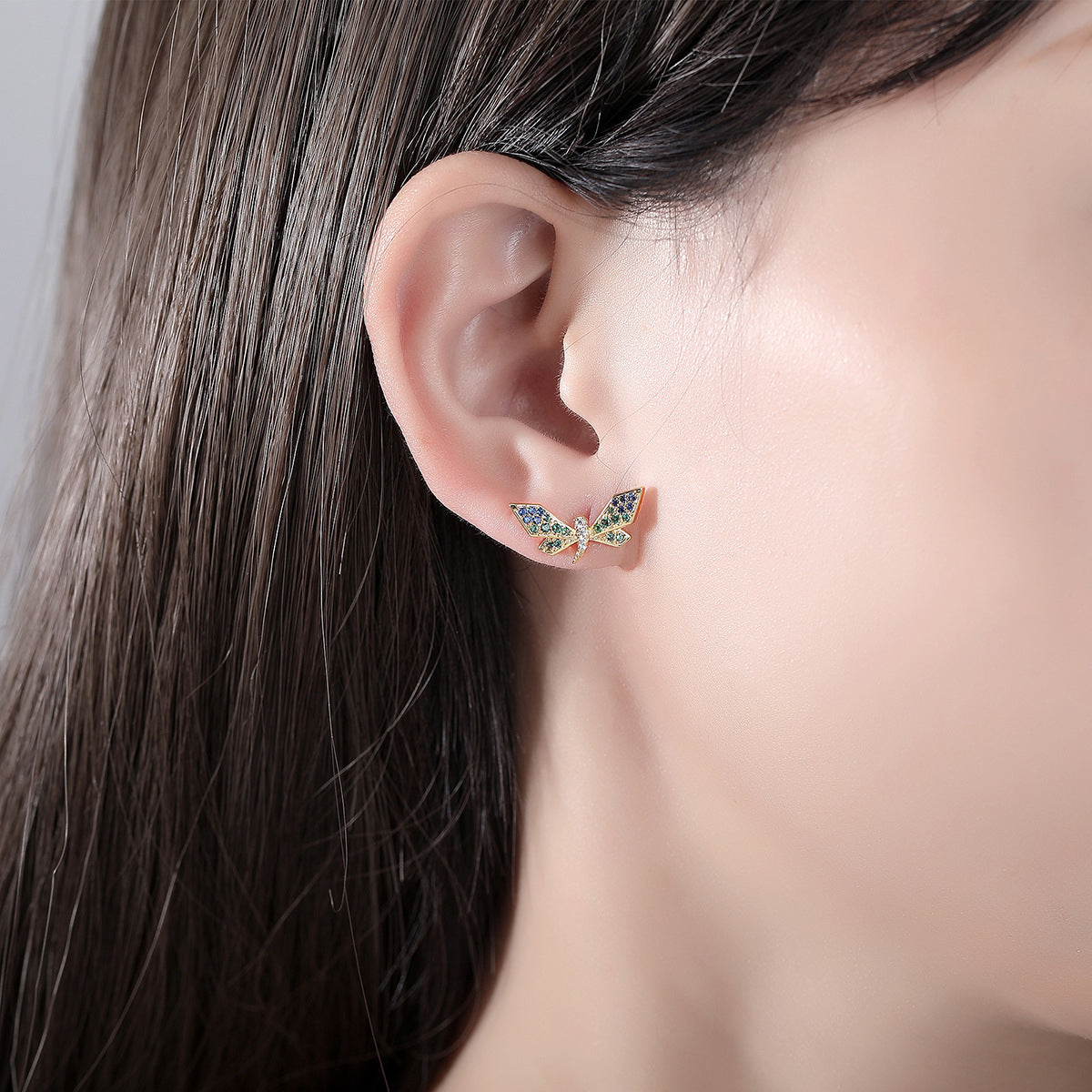 Cubic Zirconia and 18K Gold-Plated Dragonfly Stud Earrings, gold stud earrings for women, botanical inspired, lifestyle look