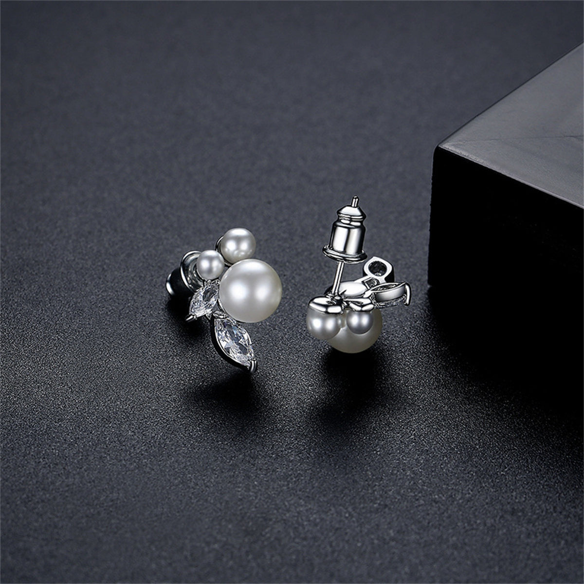 Pearl and Crystal Silver-Plated Marquise-Cut Stud Earrings, silver stud earrings for women, front view