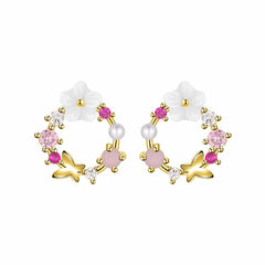 Elegant pink flower stud earrings with gold plating, adorned with opal and cubic zirconia butterfly accents.