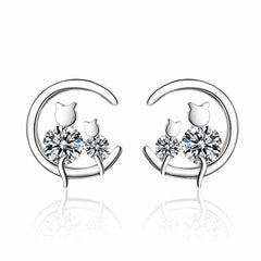 Cubic Zirconia & Silver-Plated Cat & Moon Stud Earrings