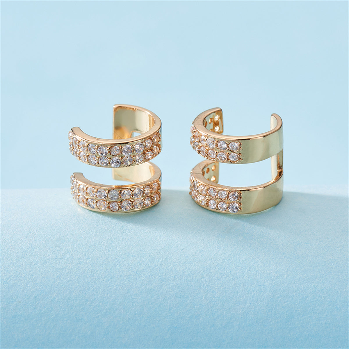 Cubic Zirconia and 18K Gold-Plated Layered Ear Cuffs, gold stud earrings for women, botanical inspired, styled look