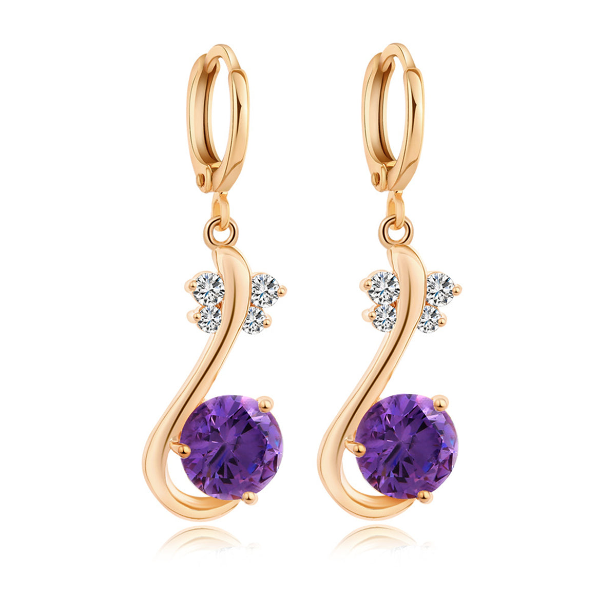 Purple Cubic Zirconia and 18K Gold-Plated Butterfly Drop Earrings, gold drop earrings for women, front view