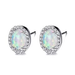 Opal & Cubic Zirconia Oval Halo Stud Earrings