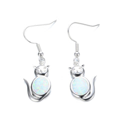 White Opal & Silver-Plated Cat Drop Earrings