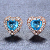 Light Blue Crystal & Cubic Zirconia 18K Rose Gold-Plated Halo Heart Stud Earrings