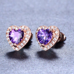 Purple Crystal & Cubic Zirconia 18K Rose Gold-Plated Halo Heart Stud Earrings