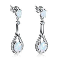 White Opal & Silver-Plated Oval Drop Earrings