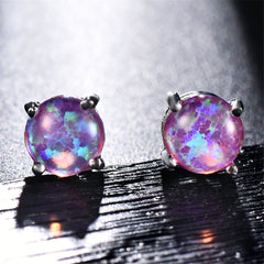 Purple Opal & Silver-Plated Round Stud Earrings