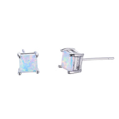 White Opal & Silver-Plated Princess Cut Stud Earrings