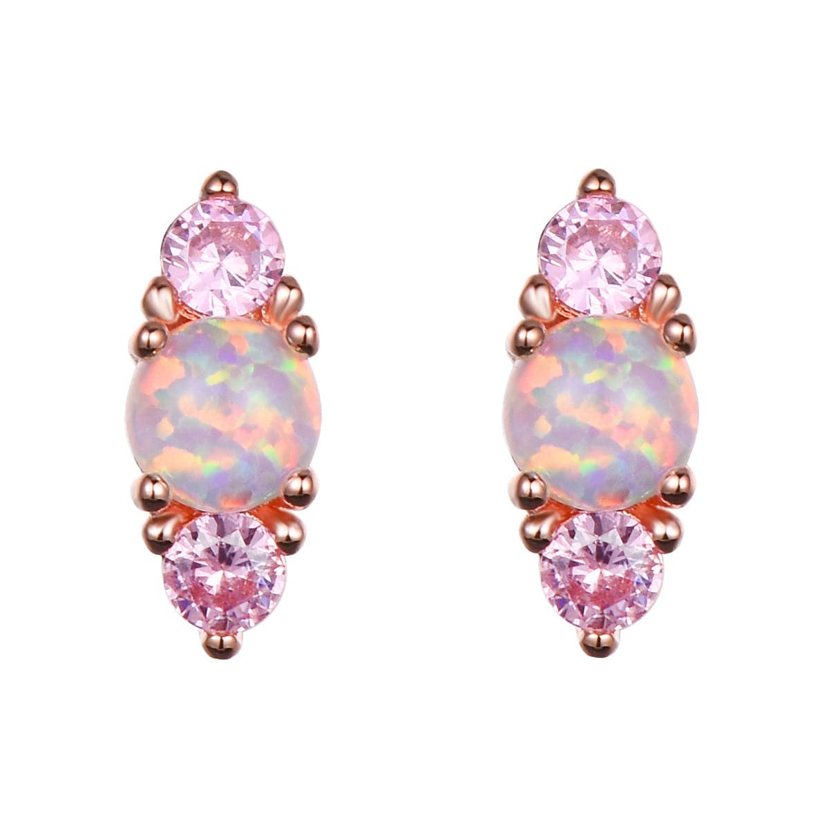 Opalite stud earrings featuring stacked round-cut opal and pink cubic zirconia for a sparkling touch.