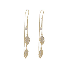 Chic gold leaf earrings embellished with crystal stones, featuring Cats Eye & 18K gold-plated double leaf threader design.