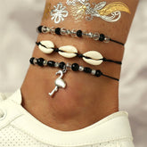 Black Resin & Pukka Shell Silver-Plated Crane Anklet Set