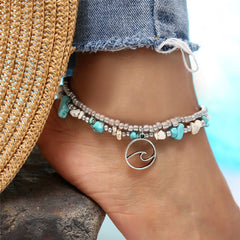 Turquoise & Silver-Plated Beaded Wave Layered Anklet