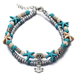 Turquoise & Silver-Plated Beaded Anchor Layered Anklet