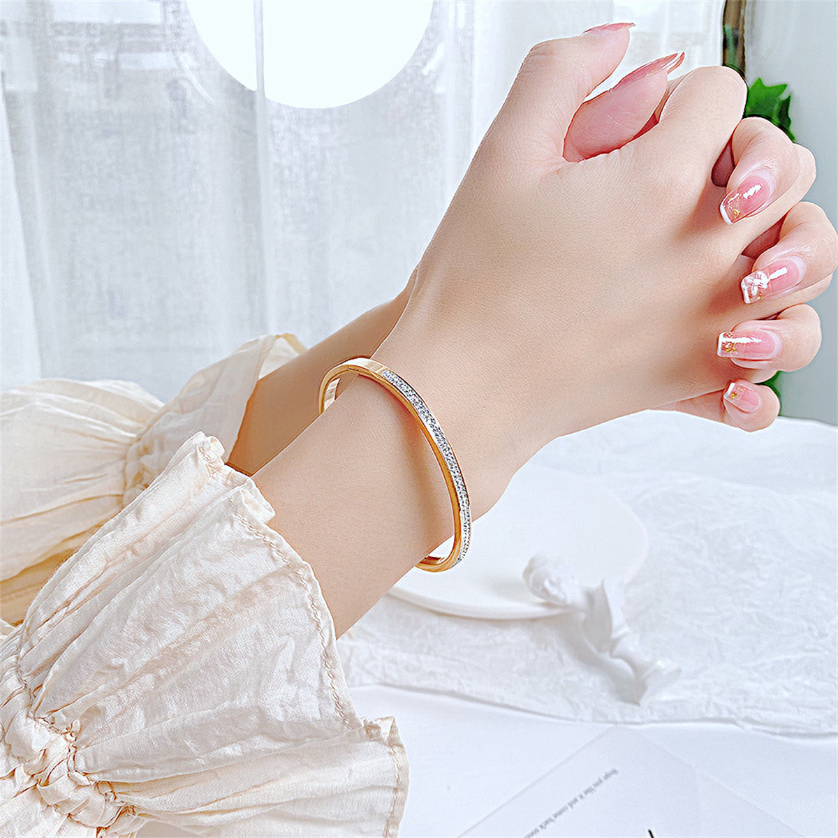 Clear Cubic Zirconia and 18K Rose Gold-Plated Hinged Bangle, rose gold bangle bracelet, lifestyle look