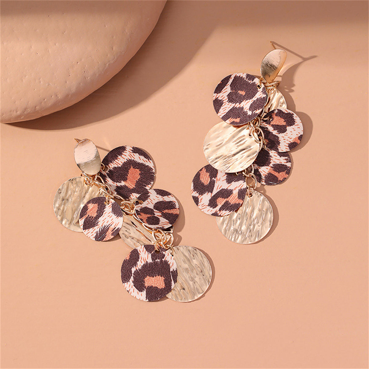 Polystyrene and 18K Gold-Plated Leopard Circle Cluster Drop Earrings, gold drop earrings for women, styled look