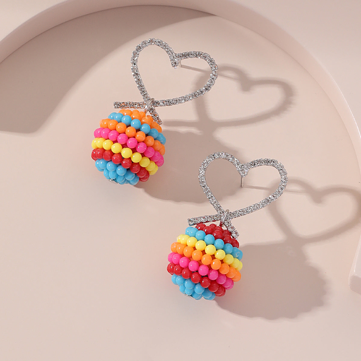 Red and Teal Rainbow Heart Ball Drop Earrings, drop earrings for women, elegant gift for her, detail close-up