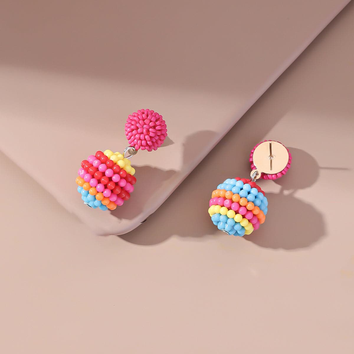 Rose Red and Multicolor Ball Drop Earrings, drop earrings for women, botanical inspired, detail close-up