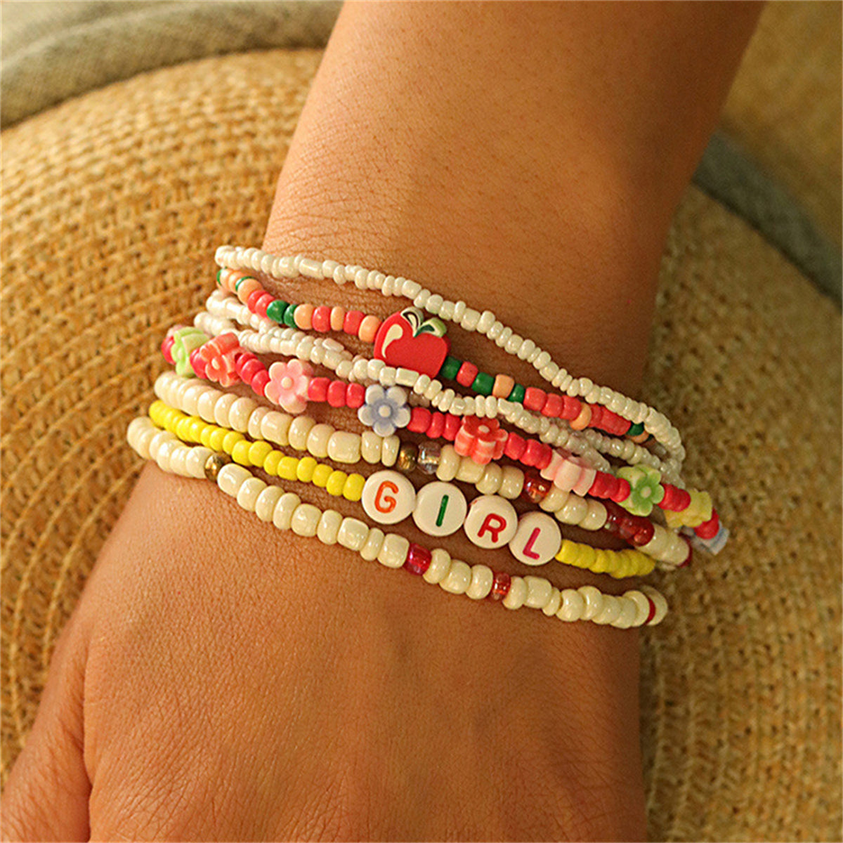 Howlite and Multicolor 'GIRL' Apple and Flower Stretch Bracelet Set, jewelry gift sets for women, detail close-up