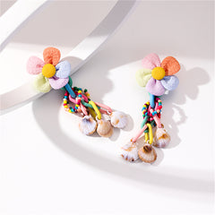 Pink & Blue Howlite Shell-Accent Flower Tassel Drop Earrings